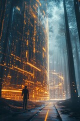 Poster - Futuristic Landscape with Data Tower and Person in Enchanted Forest
