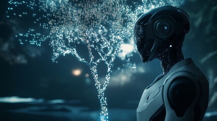 Poster - Futuristic Robot Silhouette with Glowing Digital Tree Background