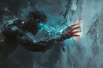 Poster - futuristic robot reaching out in an abstract sci-fi environment