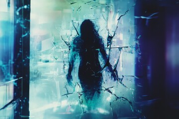 Wall Mural - A woman is standing in front of a broken window