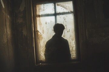 Wall Mural - A person is standing in front of a window, with their shadow cast on the wall
