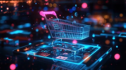 Poster - miniature shopping cart hovering over a smartphone with augmented reality interface, representing th