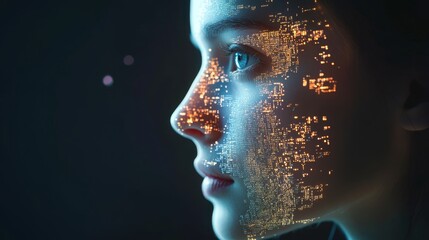Poster - Digital Portrait of Woman with Light Patterns on Face at Night