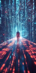 Poster - Person Walking Towards Bright Light in Abstract Digital Environment