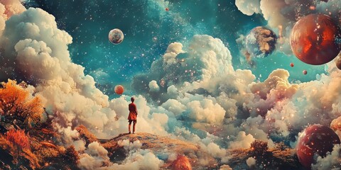 Wall Mural - A person is standing on a hill in front of a cloudy sky with a few planets in th