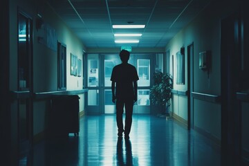 Wall Mural - A man is walking down a hallway in a hospital