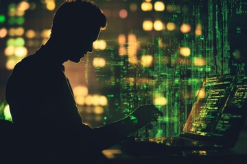 Poster - Silhouette of a Hacker Typing on a Laptop Surrounded by Digital Code and Matrix Graphics