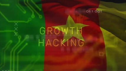 Poster - Cameroon flag with digital circuit patterns and text about growth hacking animation