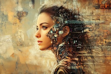 Poster - Innovative Female Robot Profile with Futuristic Technology Elements