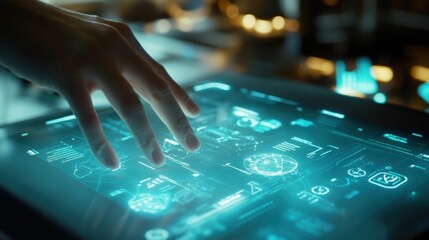 Poster - hand interacting with holographic augmented reality futuristic display screen showing data, charts, 