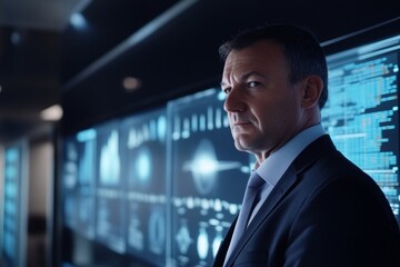 Poster - A man in a suit stands in front of a wall of computer monitors