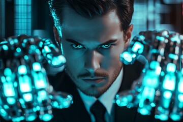 Poster - Futuristic Cybernetic Innovation: Man with Neon Tech in a Digital Realm