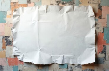 Fototapete - Old white creased paper sheet on grunge collage posters texture wall. Ripped torn crumpled placard with peeling paint. Vintage billboard, abstract background with copy space, retro design surface.
