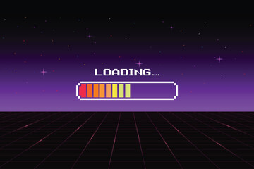 Poster - LOADING bar. pixel art. 8 bit. Retro Futurism Sci-Fi Background. glowing neon grid and star from vintage arcade computer games.