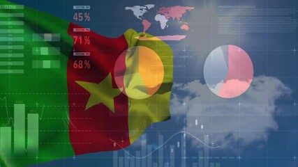 Poster - waving cameroon flag with animation over global financial data in school setting