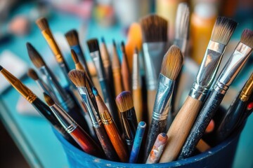 Aufkleber - Creative tools scattered throughout an artistic workspace including brushes, pencils, and digital tablets in high detail