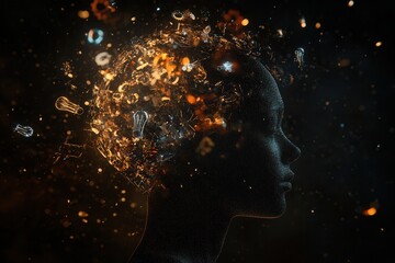 Poster - Creative ideas emerge from a silhouette of a human head surrounded by glowing symbols and innovative elements at twilight