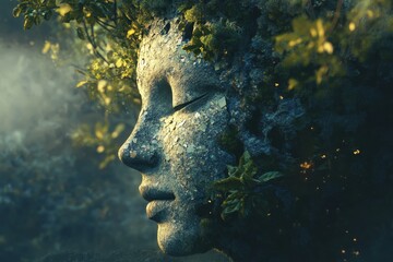 Poster - Stone face with nature elements, green leaves and soft light