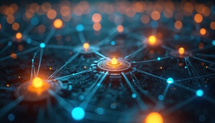 Poster - Network connectivity with glowing nodes, blue-orange links. Digital infrastructure exchange, tech cyberspace communication, global computing web. Cybernetic system integration. Virtual protocol