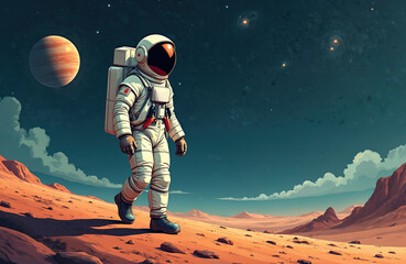 Poster - Astronaut walks on desert planet surface. Space man in suit explores alien world, far galaxy. Stars shine in dark sky. Space exploration, discovery concept. Journey into cosmos. Red planet Mars.