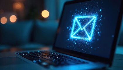Poster - Laptop with blue glowing email icon on screen. Beware of phishing emails concept. Safeguard online privacy, use strong passwords against cyber threats in cyberspace. Protect information datum,