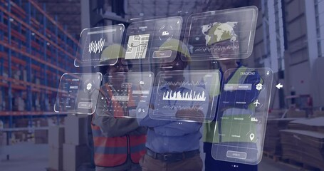 Poster - In warehouse, workers wearing safety gear using digital interface with animation