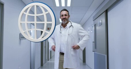 Poster - In hospital, doctor walking with animation of globe overlaying hallway scene