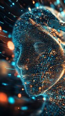 Poster - Futuristic Digital Portrait of a Human Face Made with Glowing Data Points and Abstract Patterns