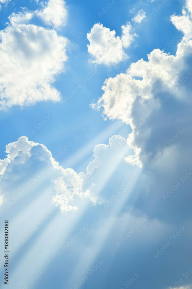 Bright blue sky with clouds and sun rays shining through Stock Photo ...