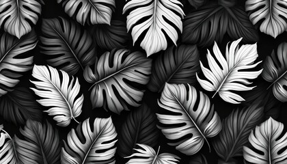 Poster - Monochrome tropical leaf pattern. Black, white jungle foliage, exotic paradise plant illustration. Seamless botanical background. Monochrome flower floral wallpaper, textile spring fabric vintage