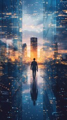 Wall Mural - Silhouette of a Businessman Standing in a Cityscape at Sunset with Reflections and Light Effects