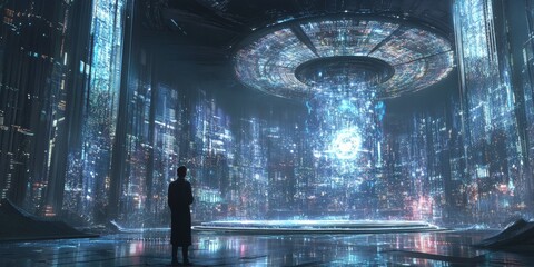 Poster - Futuristic Cityscape with Neon Lights and Floating Structures in a High-Tech Environment