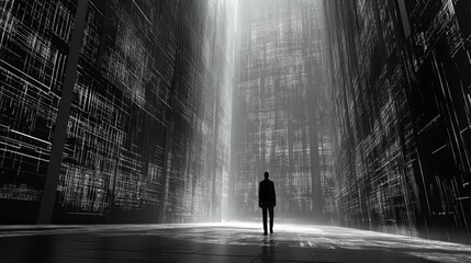 Poster - man standing in futuristic digital landscape with bright light