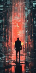 Poster - A man stands in a city street with a red light in the background