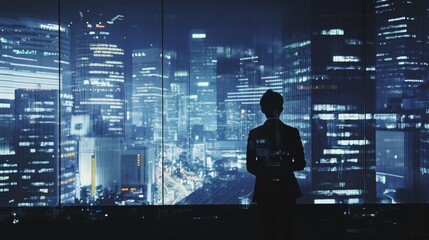 Poster - A man stands in front of a city skyline, looking out the window