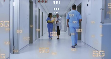 Poster - Walking in hospital corridor, healthcare professionals with 5G technology animation overlay