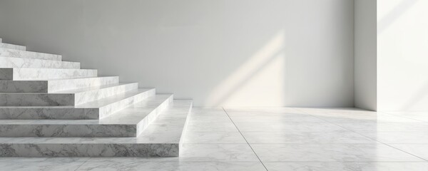 Poster - Marble staircase with granite outdoor flooring. White stone steps near wall with light, shadow. Modern architecture with luxury interior design. Empty entrance with nobody. Minimalist interior with