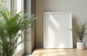 Aufkleber - White blank frame, potted plant on wooden table near window. Minimalist workspace interior with natural light. Modern design, cozy home decor concept. Mockup for art, photography, illustrations.