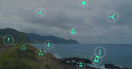 Poster - Animation of environmental icons overlaying coastal landscape illustrating concepts