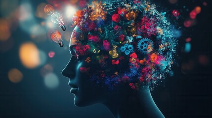 Poster - Creative symbols flow from a human silhouette representing artistic expression in a futuristic setting