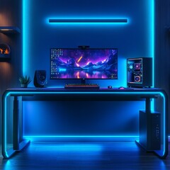 Leinwandbilder - Sleek and Immersive Gaming Setup: Neon-Lit Desk, High-End PC, and Vibrant Monitor Display for the Ultimate Digital Experience 