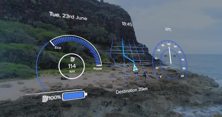Poster - Animation of digital dashboard overlay with eco mode and navigation on coastline