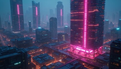 Aufkleber - Aerial view of futuristic city skyline with cutting edge tech. Skyscrapers with neon lights, modern buildings, clean seamless design. Urban landscape featuring financial tech, digital interfaces,