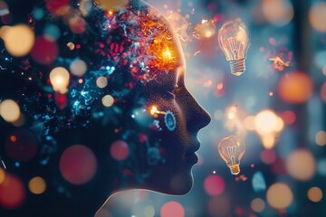 Poster - Creative symbols fill silhouette of human head showcasing imaginative thoughts and ideas in a vibrant futuristic setting