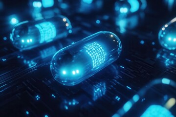 Leinwandbilder - Glowing capsules illuminate a dark environment with futuristic designs in a digital medical concept