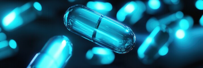 Poster - Glowing capsules in a dark environment create a futuristic ambiance with abstract medical design and soft blue light