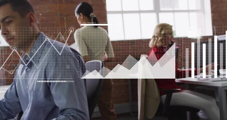 Poster - Business people working at office with financial data charts overlay animation