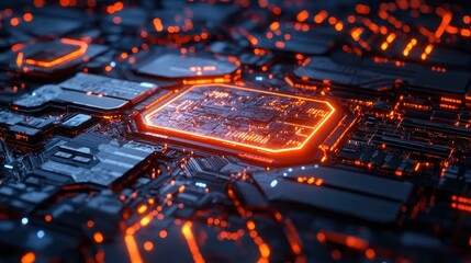 Poster - Close-up of glowing circuit board, intricate details visible. Illustrates technological advancement, artificial intelligence, or computing power.