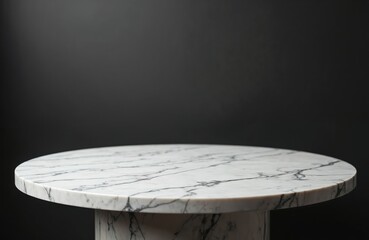 Aufkleber - Elegant round marble table against dark backdrop. Empty space for product food photography. Modern interior design element. Kitchen countertop presentation, marble surface with unique veining pattern.