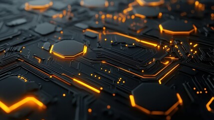 Fototapete - Abstract dark circuit board with glowing orange lines. Ideal for tech, futuristic, or innovation projects.